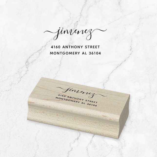 Modern Handwritten Name & Return Address 08c. Rubber Stamp (Modern calligraphy family name wooden return address stamp. Basic typography address stamp.)