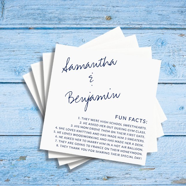 Modern Handwritten Navy Blue Fun Facts Wedding Napkin (Creator Uploaded)