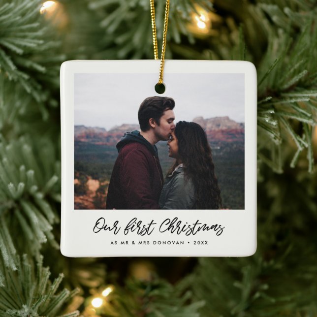 Modern handwritten Our First Christmas photo Ceramic Ornament (Tree)