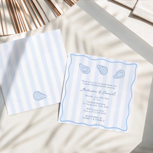 Modern Handwritten Oyster Roast Coed Bridal Shower Invitation (Trendy hand-drawn oyster roast couples wedding shower invitation with modern stripes and wavy border)