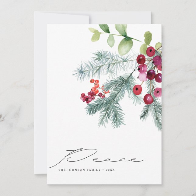 Modern Handwritten Peace Winter Greenery Photo Holiday Card (Front)