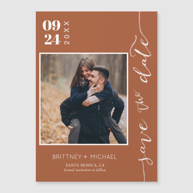 Modern Handwritten Photo Save The Date Terracotta (Front)