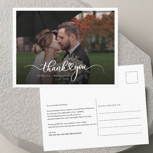 Modern Handwritten Photo Wedding Thank You Postcard (Modern Handwritten Photo Wedding Thank You Postcard)