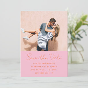 Modern Handwritten Pink Orange Wedding Photo Save The Date