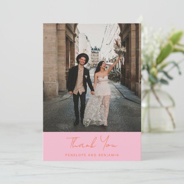 Modern Handwritten Pink Orange Wedding Photo Thank You Card (Standing Front)