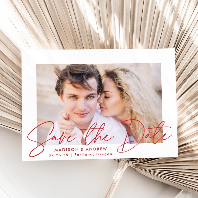 Modern Handwritten Red Script Photo Save The Date (Creator Uploaded)