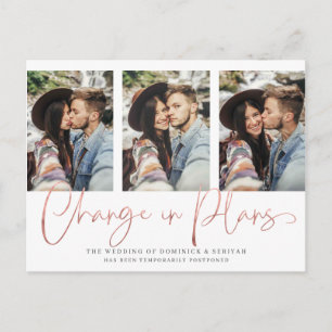 Modern Handwritten Rose Gold Wedding Postponement Postcard