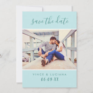 Modern Handwritten Script Aqua Blue Wedding Photo Save The Date