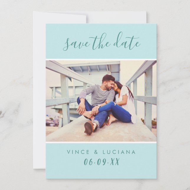 Modern Handwritten Script Aqua Blue Wedding Photo Save The Date (Front)
