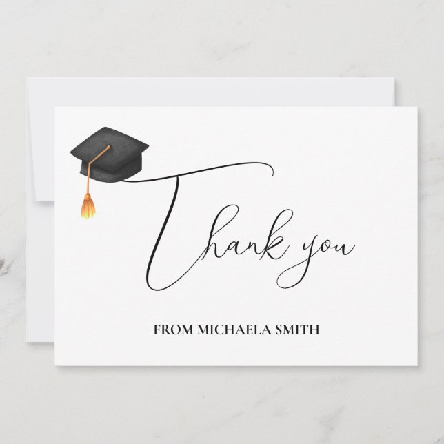 Modern Handwritten Script Black Graduation Cap Thank You Card (Front)