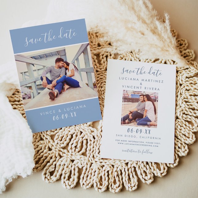 Modern Handwritten Script Cloud Blue Wedding Photo Save The Date (Creator Uploaded)