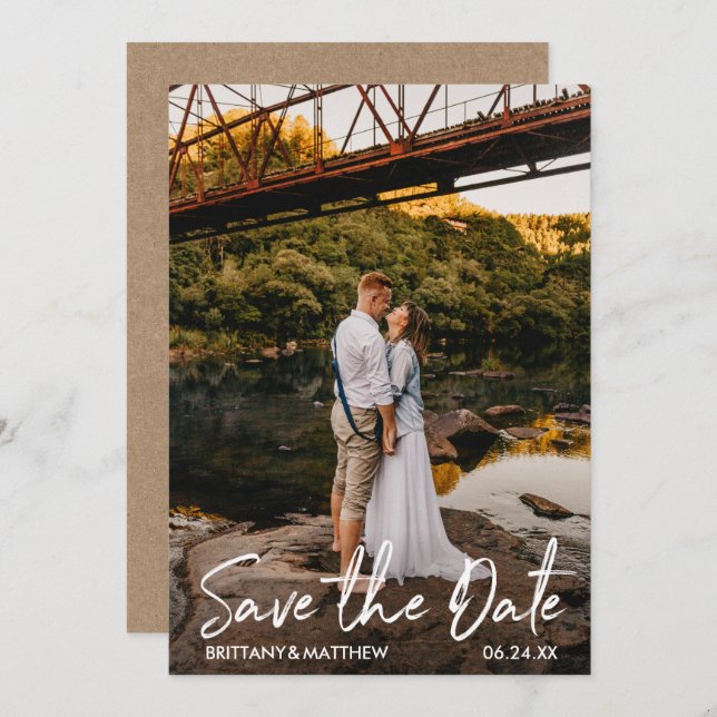 Modern Handwritten Script Couple Photo Kraft Save The Date (Front/Back)