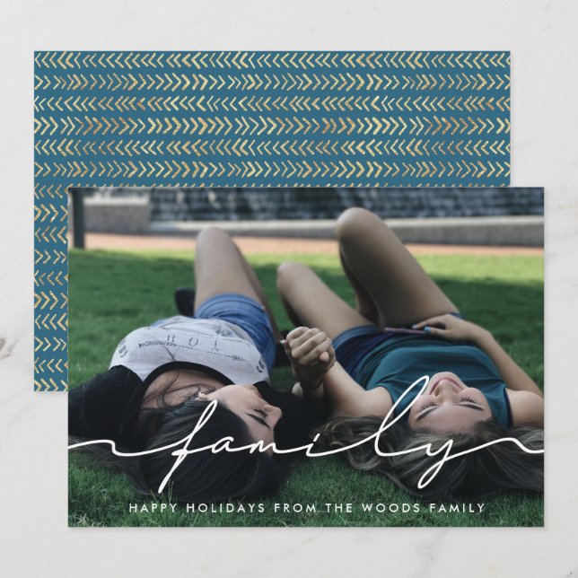 Modern Handwritten Script Family Photo Holiday Card (Front/Back)