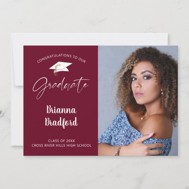Modern Handwritten Script Graduate Maroon Burgundy Announcement (Front)