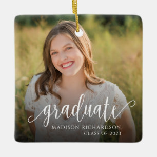 Modern Handwritten Script Graduation Photo Ceramic Ornament