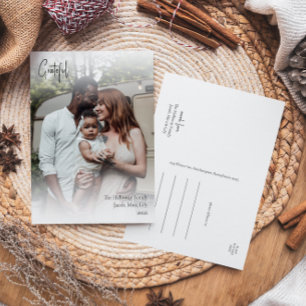 Modern Handwritten Script Grateful Full Photo Holiday Postcard