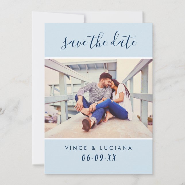 Modern Handwritten Script Navy Blue Wedding Photo Save The Date (Front)