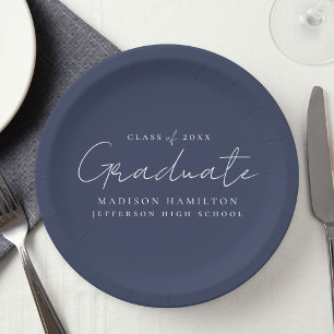 Modern Handwritten Script Navy Graduation Paper Plate
