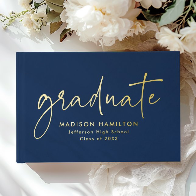 Modern Handwritten Script Navy Photo Graduation Guest Book (Creator Uploaded)