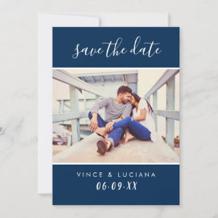 Modern Handwritten Script Navy Wedding Photo Save The Date