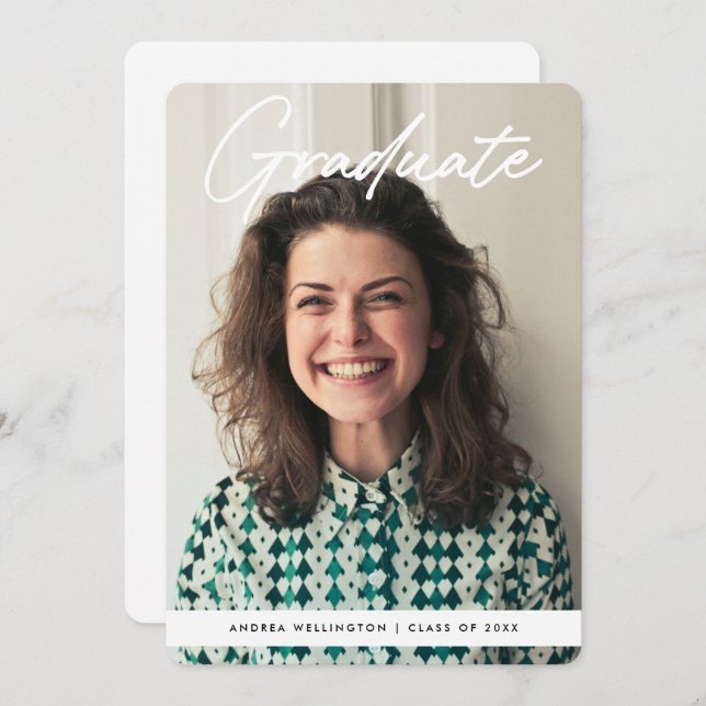Modern Handwritten Script Photo Graduation  Announcement (Front/Back)