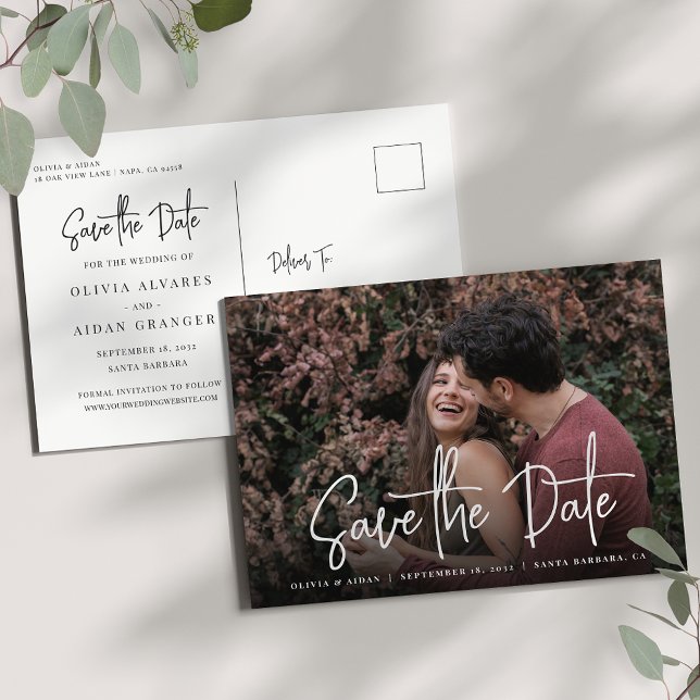 Modern Handwritten Script Photo Save the Date Announcement Postcard (Creator Uploaded)