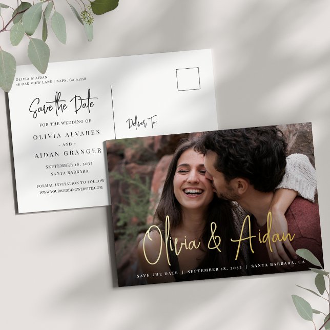Modern Handwritten Script Photo Save the Date Foil Invitation Postcard (Creator Uploaded)