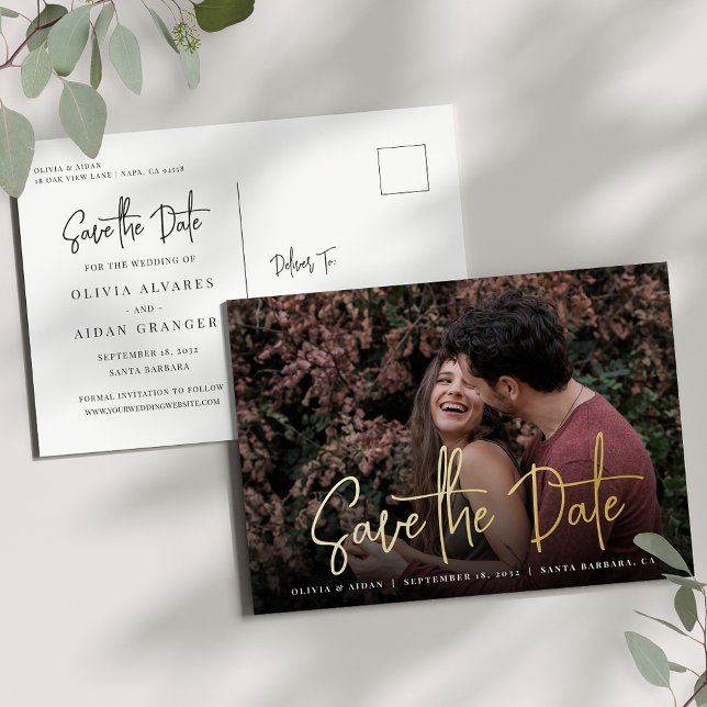 Modern Handwritten Script Photo Save the Date Foil Invitation Postcard (Creator Uploaded)