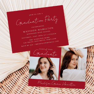 Modern Handwritten Script Red 2 Photo Graduation Invitation
