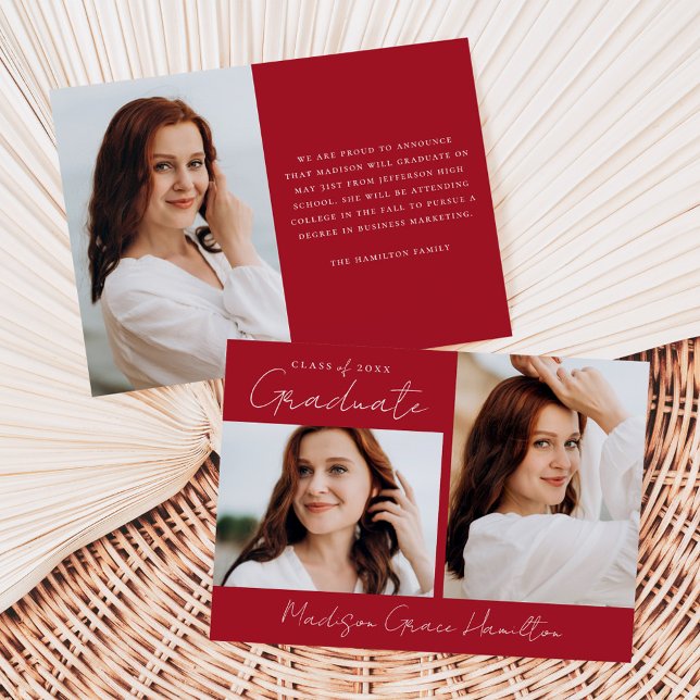 Modern Handwritten Script Red 3 Photo Graduation Announcement (Creator Uploaded)