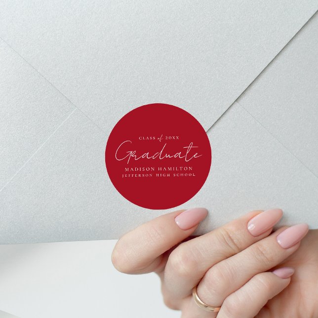 Modern Handwritten Script Red Graduation Classic Round Sticker (Creator Uploaded)