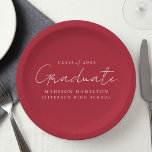 Modern Handwritten Script Red Graduation Paper Plate<br><div class="desc">Elevate your graduation party decor with our stylish graduation paper plates! Featuring a chic handwritten white script and red background, these paper plates add a touch of sophistication to your celebration. Personalise them with the graduate's name, graduation year, and school name. Whether you're serving snacks or drinks, these plates are...</div>