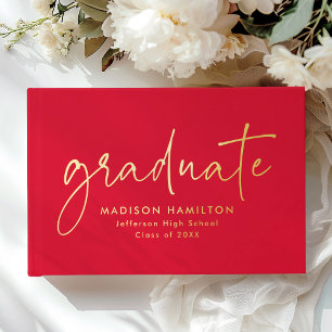 Modern Handwritten Script Red Photo Graduation Guest Book