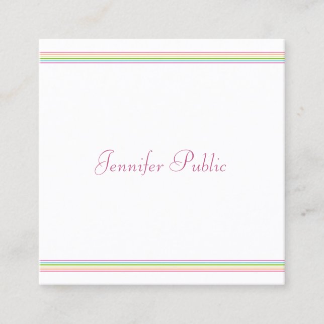 Modern Handwritten Script Trendy Colourful Striped Square Business Card (Front)