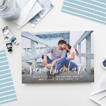 Modern Handwritten Script Wedding Photo Blue Save The Date<br><div class="desc">Announce your wedding in style with these modern save the date announcement cards that feature your engagement photo with a lovely script overlay design that is elegant yet playful. Includes modern custom text that can be personalised on the front with all of the important details, along with a coordinating pattern...</div>