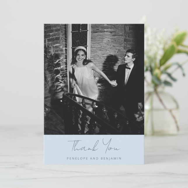 Modern Handwritten Soft Blue Wedding Photo Thank You Card (Standing Front)