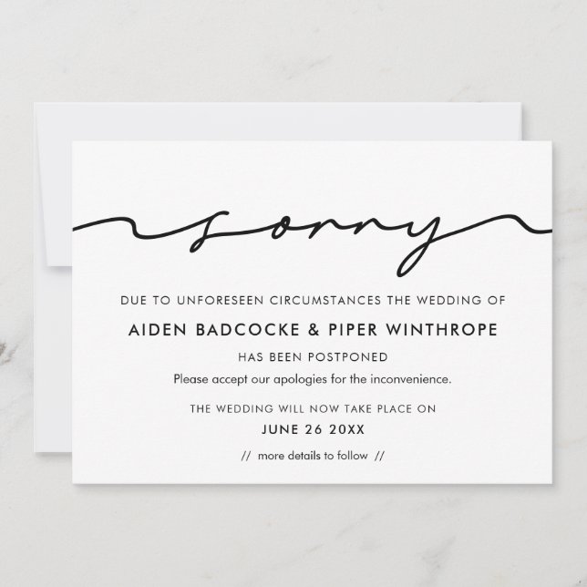 Modern handwritten sorry wedding update card (Front)