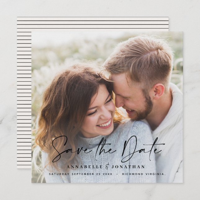 Modern handwritten typography wedding 1 photo save save the date (Front/Back)