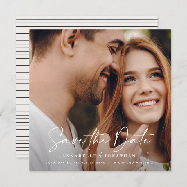 Modern handwritten typography wedding 1 photo save the date (Front/Back)