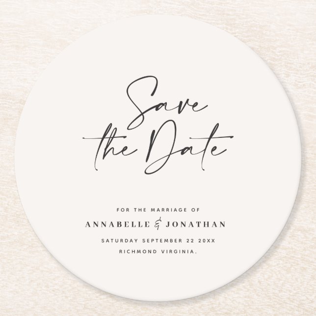 Modern handwritten typography wedding announcement round paper coaster (Front)