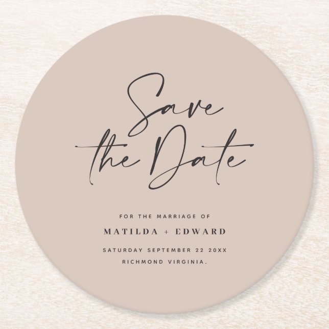 Modern handwritten typography wedding announcement round paper coaster (Front)