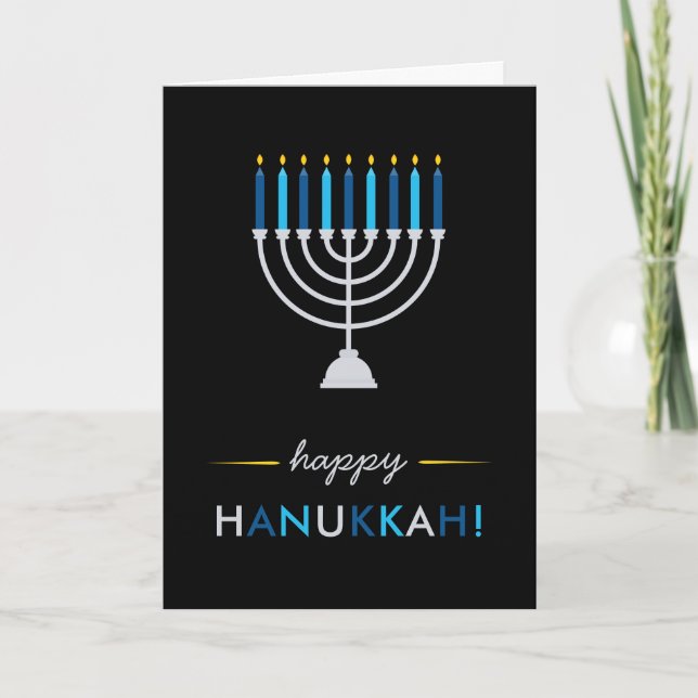 Modern Hanukkah Black with Silver Menorah and Blue Holiday Card (Front)
