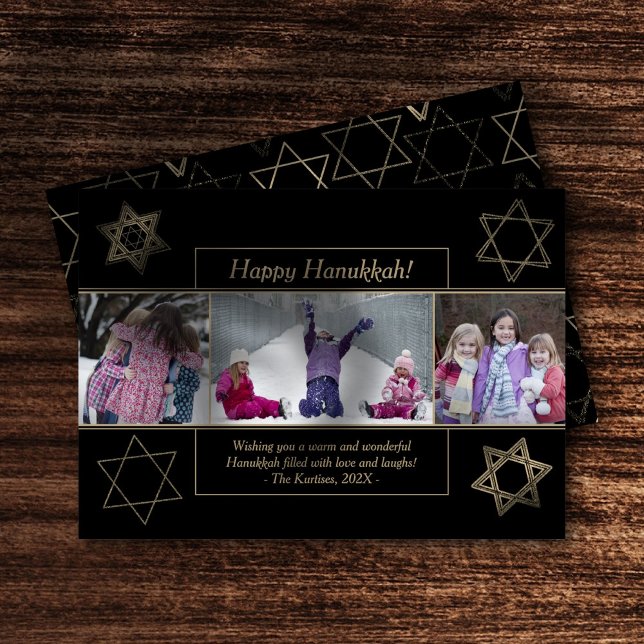 Modern Hanukkah Gold Wishful Star of David 3 Photo Holiday Card (Creator Uploaded)
