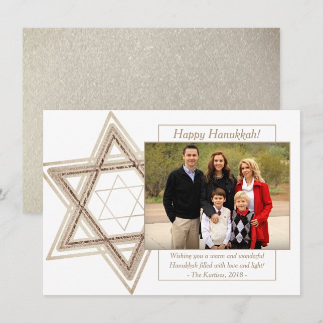 Modern Hanukkah Sepia Gold Star of David Photo Holiday Card (Front/Back)