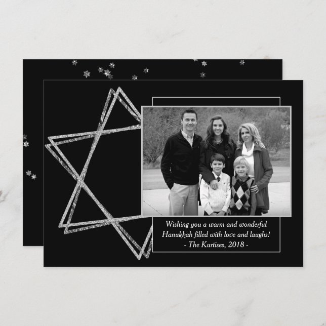 Modern Hanukkah Silver Wishful Star of David Photo Holiday Card (Front/Back)