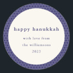 Modern Hanukkah Star Lines Elegant Blue Custom Classic Round Sticker<br><div class="desc">Wish friends and family a Happy Hanukkah with this elegant sticker featuring a modern Jewish star line pattern in vibrant blue and white,  personalised with your photo,  greeting,  and name.</div>