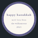 Modern Hanukkah Star Lines Elegant Blue Custom Classic Round Sticker<br><div class="desc">Wish friends and family a Happy Hanukkah with this elegant sticker featuring a modern Jewish star line pattern in vibrant blue and white,  personalised with your photo,  greeting,  and name.</div>