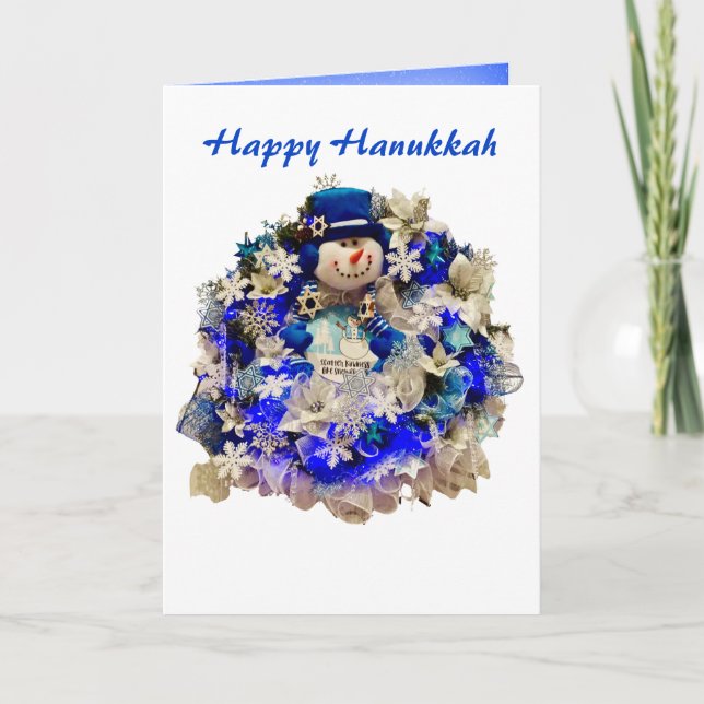 Modern Hanukkah Star of David Snowman Wreath  Holiday Card (Front)