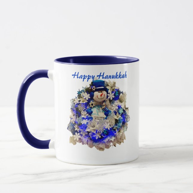 Modern Hanukkah Star of David Snowman Wreath  Mug (Left)