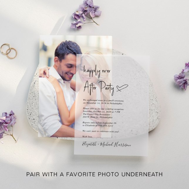 Modern Happily Ever After Wedding Reception Vellum Invitations (Elevate your wedding reception invitations with the timeless beauty of vellum overlays)